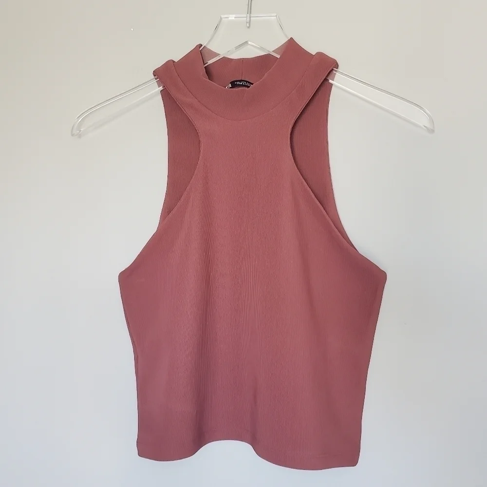 ZARA Ribbed Halter Top Large Brown Cropped